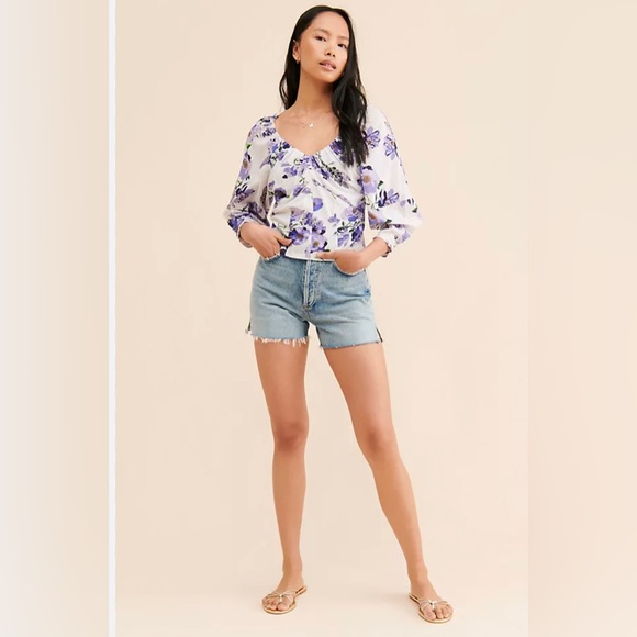 Anthropologie V Neck Ruched Knit Top Floral Romantic White Purple - Picture 5 of 7